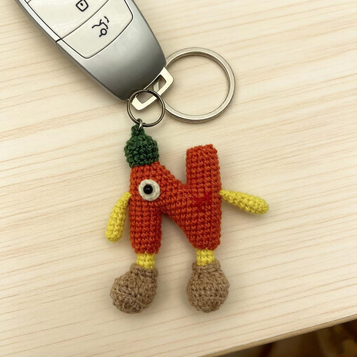 Artisan wool knit letter N charm figurine, keyring trinket, sack adornment, paired monogram key dangling piece, Yuletide tote embellishment