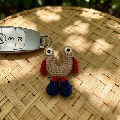 Artisan wool crochet capital U charm, keyring ornamental trim, sack adornment, paired monogram dangling trinket, Yuletide tote embellishment