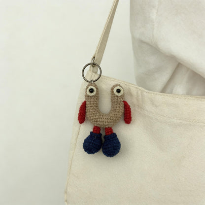 Artisan wool crochet capital U charm, keyring ornamental trim, sack adornment, paired monogram dangling trinket, Yuletide tote embellishment