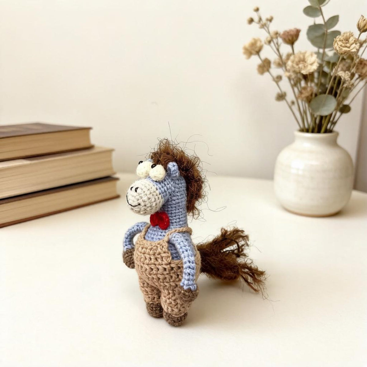 Artisan knit miniature equine sculpted pieces, gathering memorabilia, hobbyist display statues, juvenile mementos, Yuletide desk adornments