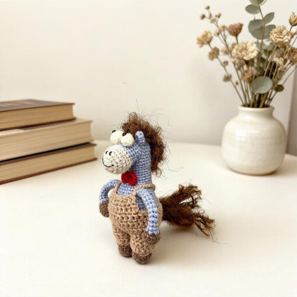 Artisan knit miniature equine sculpted pieces, gathering memorabilia, hobbyist display statues, juvenile mementos, Yuletide desk adornments