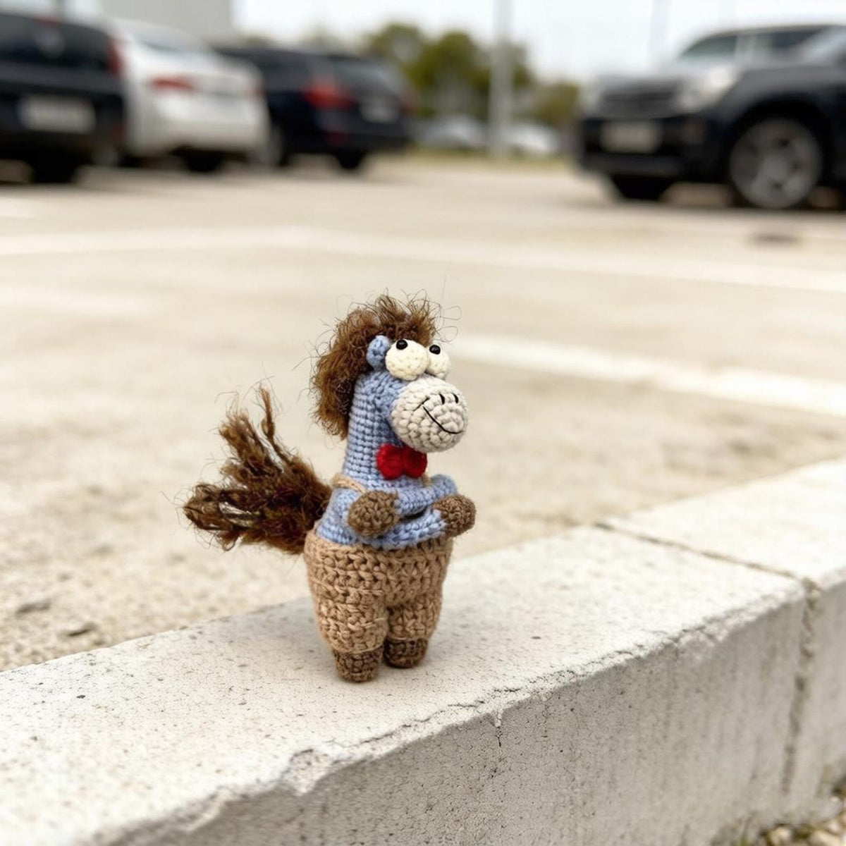 Artisan knit miniature equine sculpted pieces, gathering memorabilia, hobbyist display statues, juvenile mementos, Yuletide desk adornments