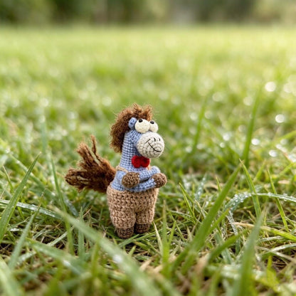 Artisan knit miniature equine sculpted pieces, gathering memorabilia, hobbyist display statues, juvenile mementos, Yuletide desk adornments