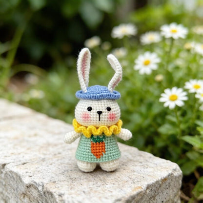 Artisan knit hare sculpted pieces, handcrafted tabletop ornamental trinkets, hobbyist display statues, Yuletide room embellishments