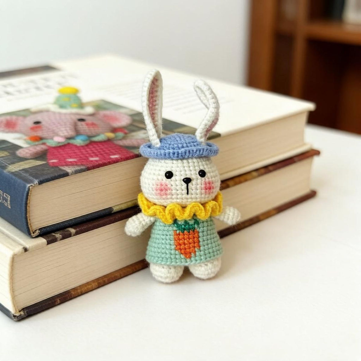 Artisan knit hare sculpted pieces, handcrafted tabletop ornamental trinkets, hobbyist display statues, Yuletide room embellishments