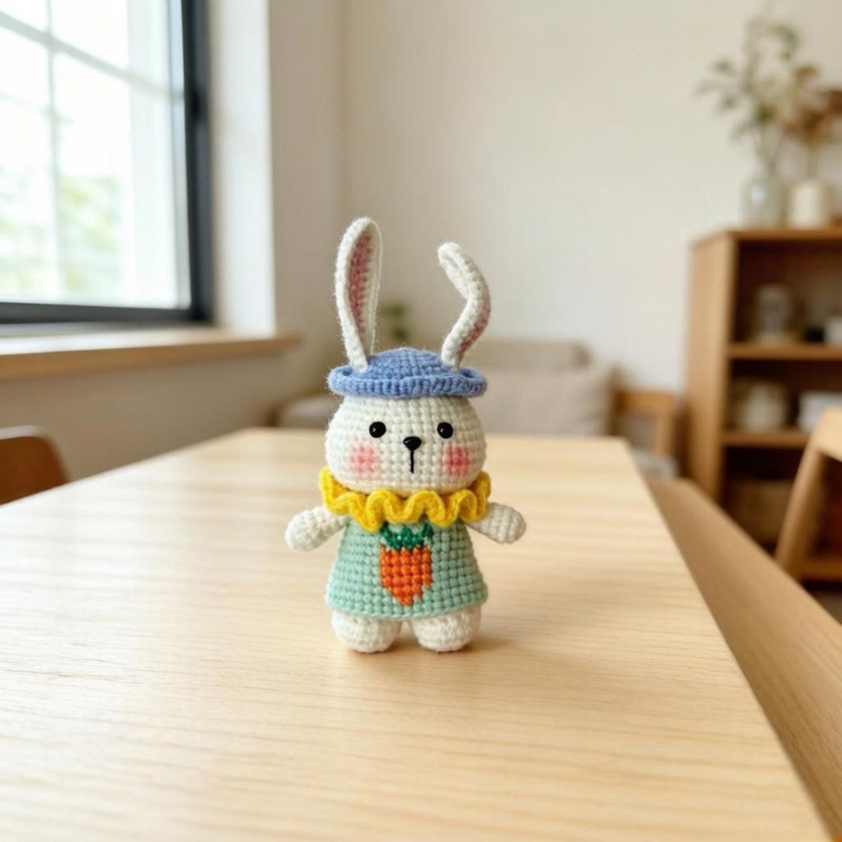 Artisan knit hare sculpted pieces, handcrafted tabletop ornamental trinkets, hobbyist display statues, Yuletide room embellishments