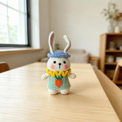Artisan knit hare sculpted pieces, handcrafted tabletop ornamental trinkets, hobbyist display statues, Yuletide room embellishments