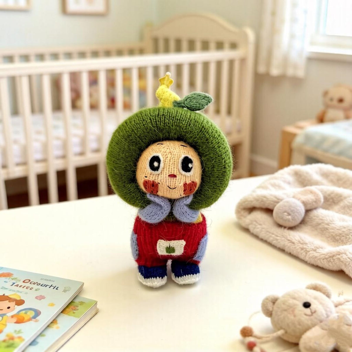 Artisan knit green apple figurine, nursery ornamental piece, birthday milestone memento, hobbyist showcase treasure, Yuletide home adornment