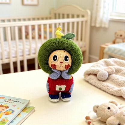 Artisan knit green apple figurine, nursery ornamental piece, birthday milestone memento, hobbyist showcase treasure, Yuletide home adornment