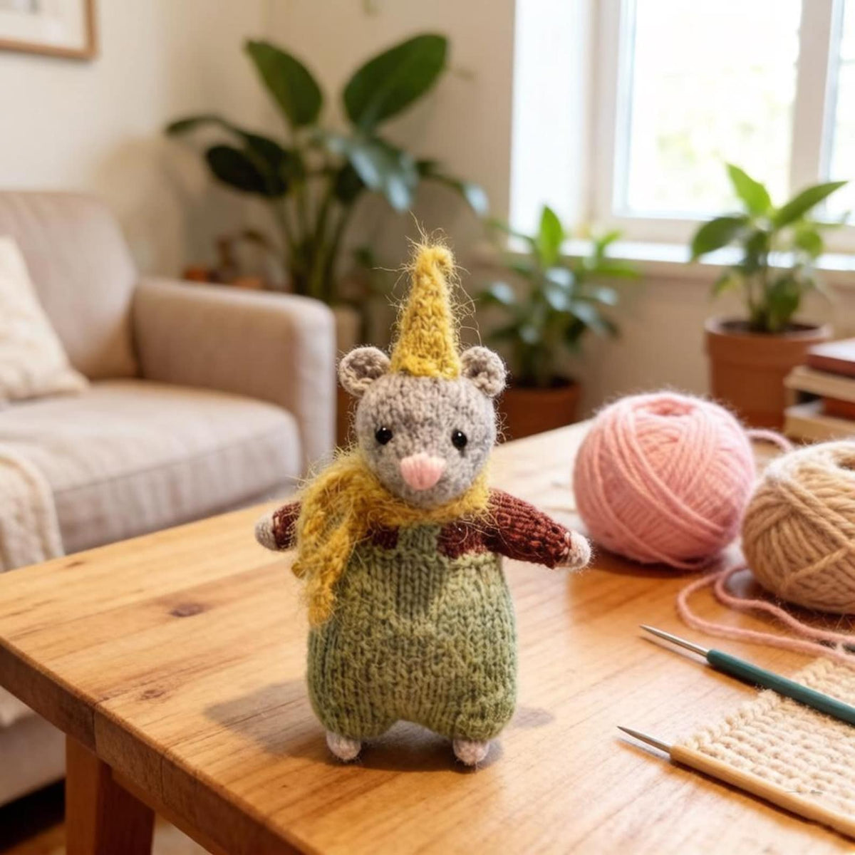 Artisan knit party rodent sculpted pieces, tabletop ornamental accents, birthday mementos, juvenile keepsakes, Yuletide desk trims
