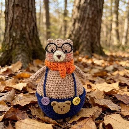 Artisan knit bear figurine, infant gathering adornment, imaginative tabletop accent, hobbyist display statuette, Yuletide nursery trim