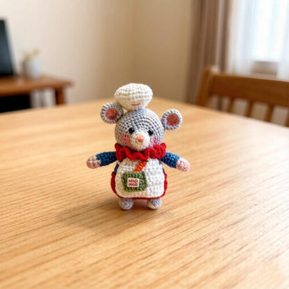Artisan knit chef rodent sculpted pieces, rucksack hanging trinkets, hobbyist mementos, juvenile souvenirs, Yuletide household accents
