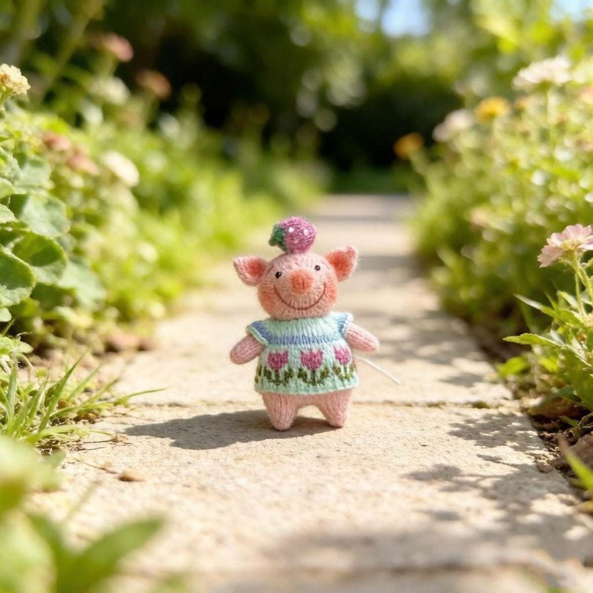 Artisan knit piglet sculpted pieces, yarn crafted statuettes, one-of-a-kind hobbyist souvenirs, household adornments, Yuletide indoor trims