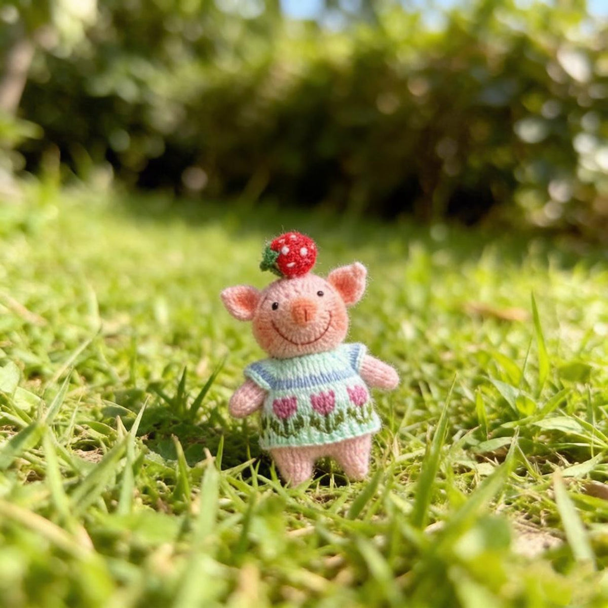 Artisan knit piglet sculpted pieces, yarn crafted statuettes, one-of-a-kind hobbyist souvenirs, household adornments, Yuletide indoor trims