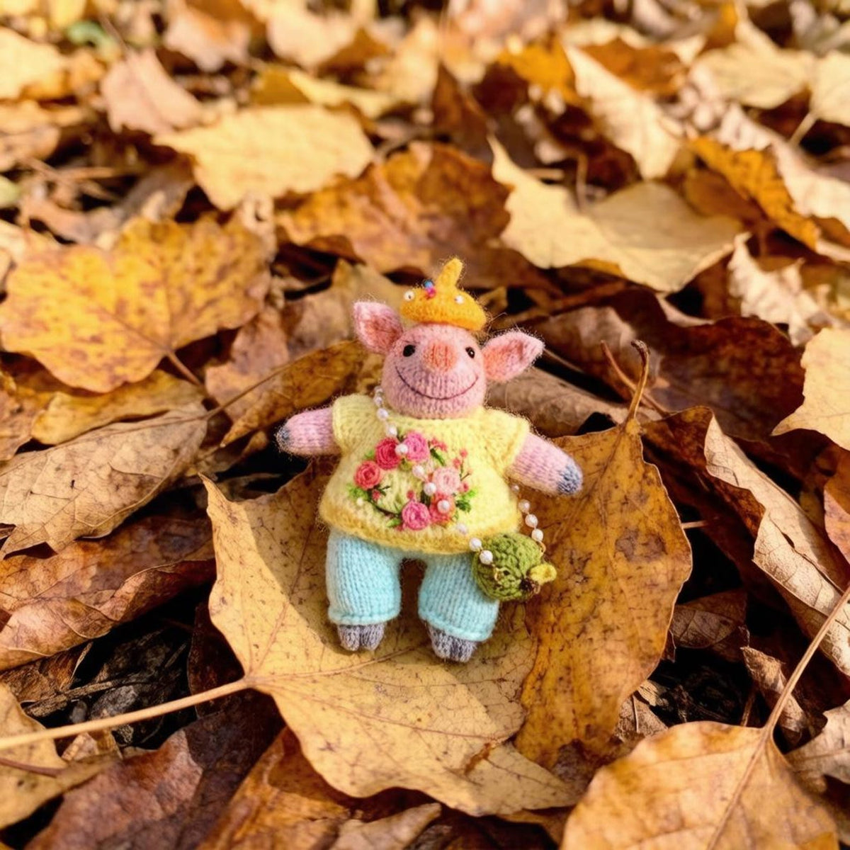 Artisan knit piglet sculpted piece, tabletop adornments, pocket carry figurines, hobbyist display statuettes, Yuletide table accents