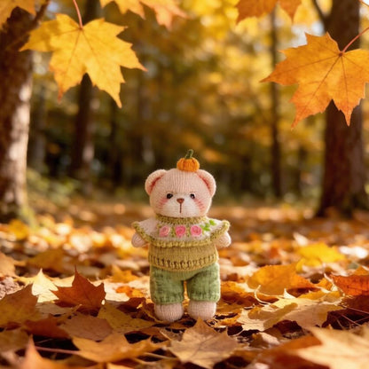 Artisan knit teddy sculpted piece, interior ornamental accent, juvenile companion keepsake, hobbyist collectible figurine Yuletide home trim