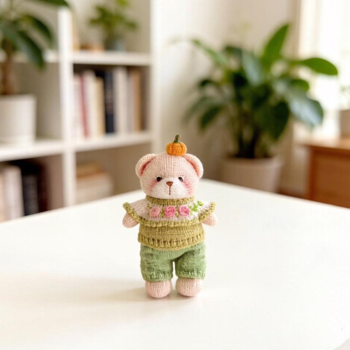 Artisan knit teddy sculpted piece, interior ornamental accent, juvenile companion keepsake, hobbyist collectible figurine Yuletide home trim