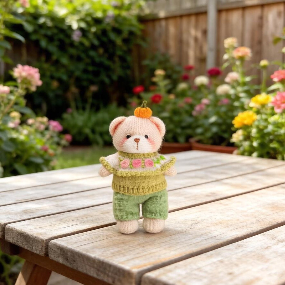 Artisan knit teddy sculpted piece, interior ornamental accent, juvenile companion keepsake, hobbyist collectible figurine Yuletide home trim