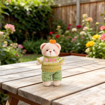 Artisan knit teddy sculpted piece, interior ornamental accent, juvenile companion keepsake, hobbyist collectible figurine Yuletide home trim