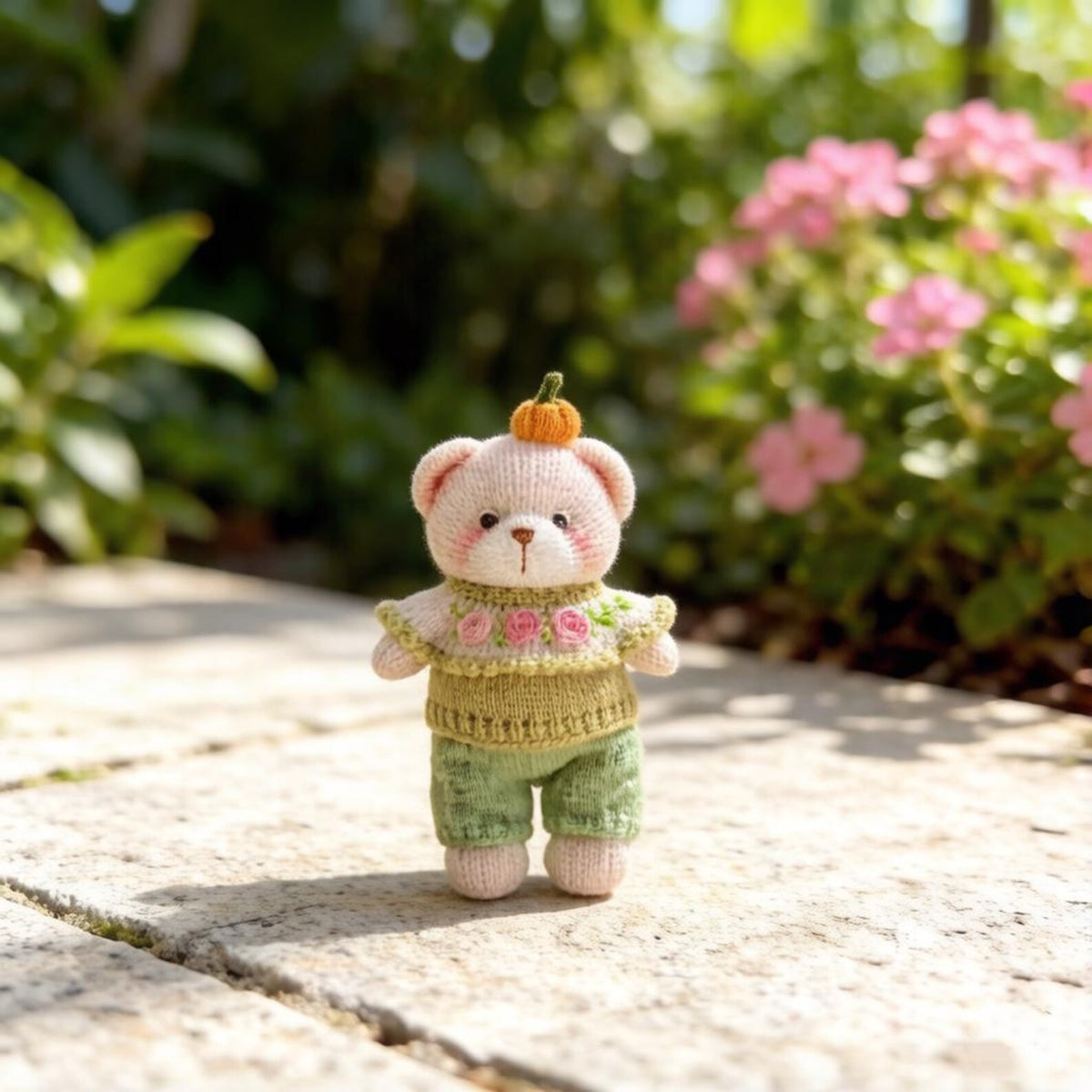 Artisan knit teddy sculpted piece, interior ornamental accent, juvenile companion keepsake, hobbyist collectible figurine Yuletide home trim