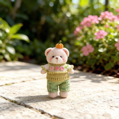 Artisan knit teddy sculpted piece, interior ornamental accent, juvenile companion keepsake, hobbyist collectible figurine Yuletide home trim