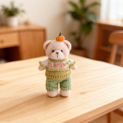 Artisan knit teddy sculpted piece, interior ornamental accent, juvenile companion keepsake, hobbyist collectible figurine Yuletide home trim