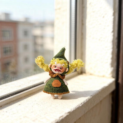 Artisan knit sprite figurines, hobbyist curator treasure, imaginative juvenile token, hanging souvenir, Yuletide display adornment
