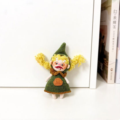 Artisan knit sprite figurines, hobbyist curator treasure, imaginative juvenile token, hanging souvenir, Yuletide display adornment