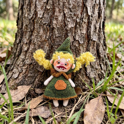 Artisan knit sprite figurines, hobbyist curator treasure, imaginative juvenile token, hanging souvenir, Yuletide display adornment