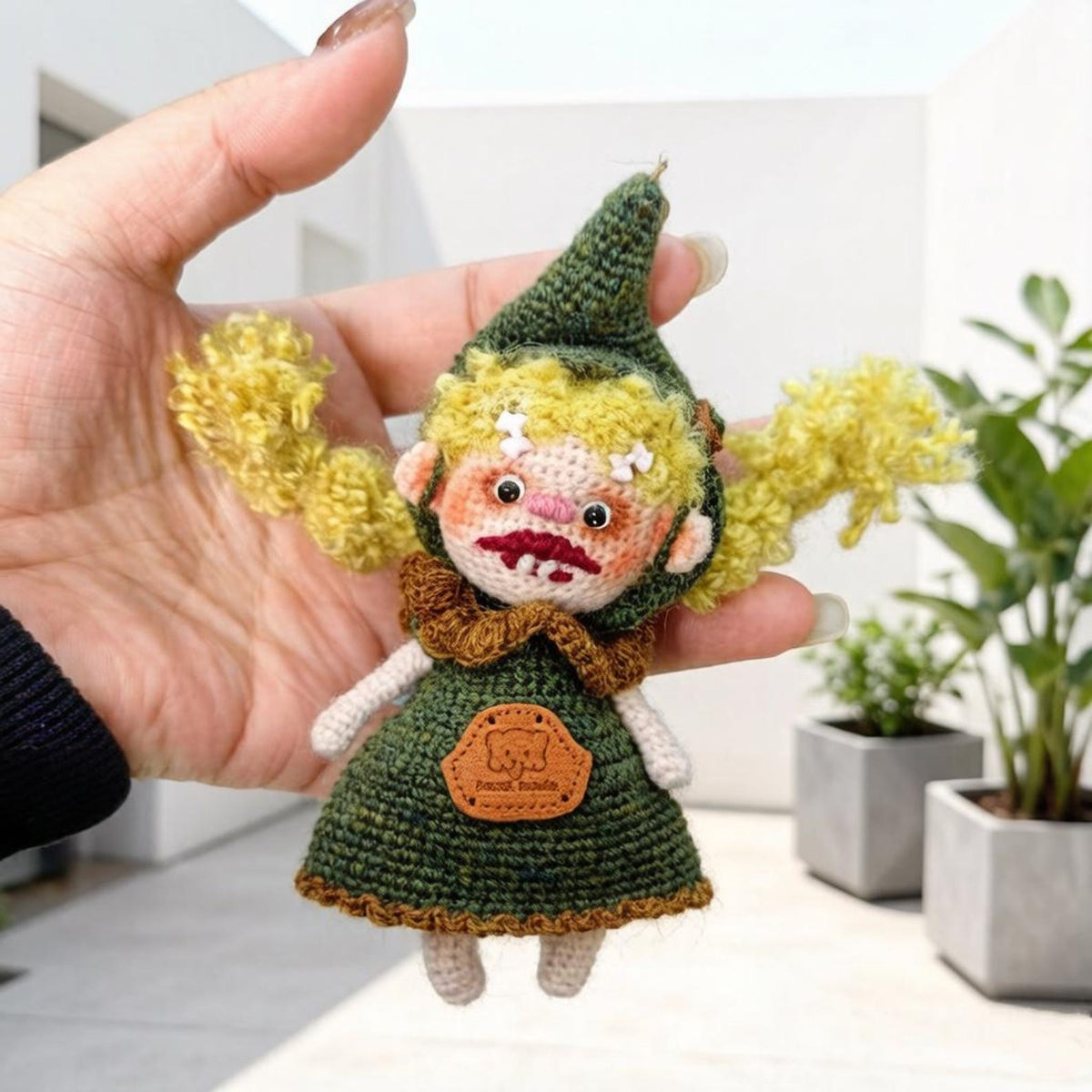 Artisan knit sprite figurines, hobbyist curator treasure, imaginative juvenile token, hanging souvenir, Yuletide display adornment