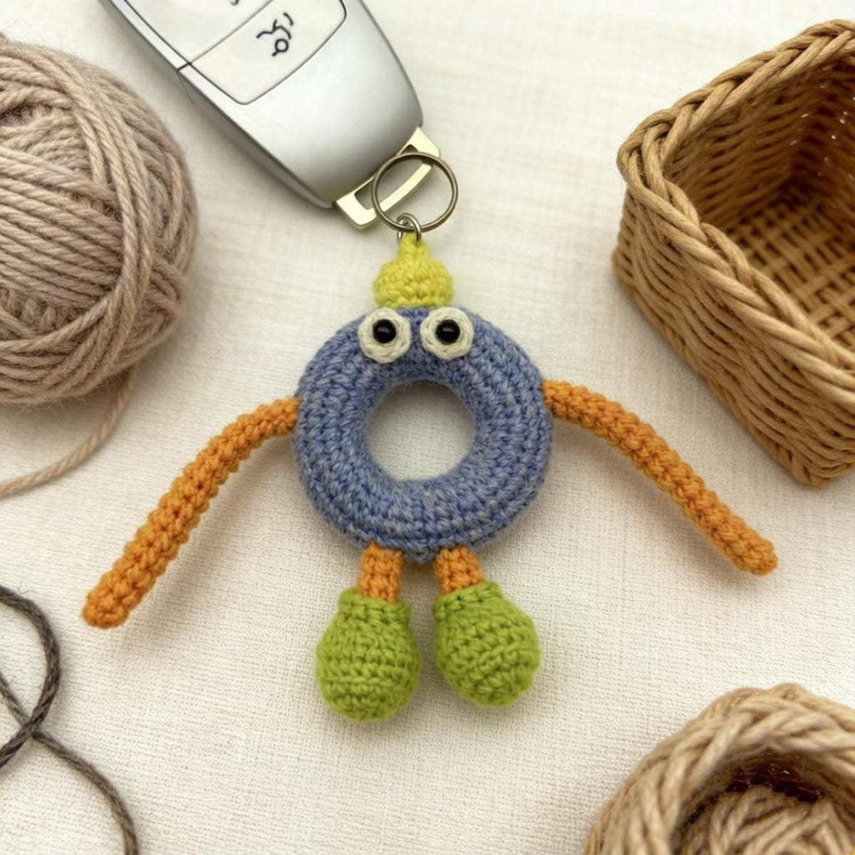 Artisan wool knit letter O charm figurine, keyring trinket, sack adornment, paired monogram key dangling piece, Yuletide tote embellishment