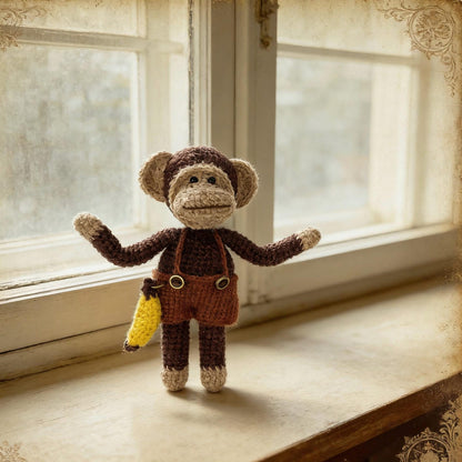 Artisan woven banana primate statuette, juvenile memento, infant gathering adornment, hobbyist display sculpture, Yuletide playroom trim