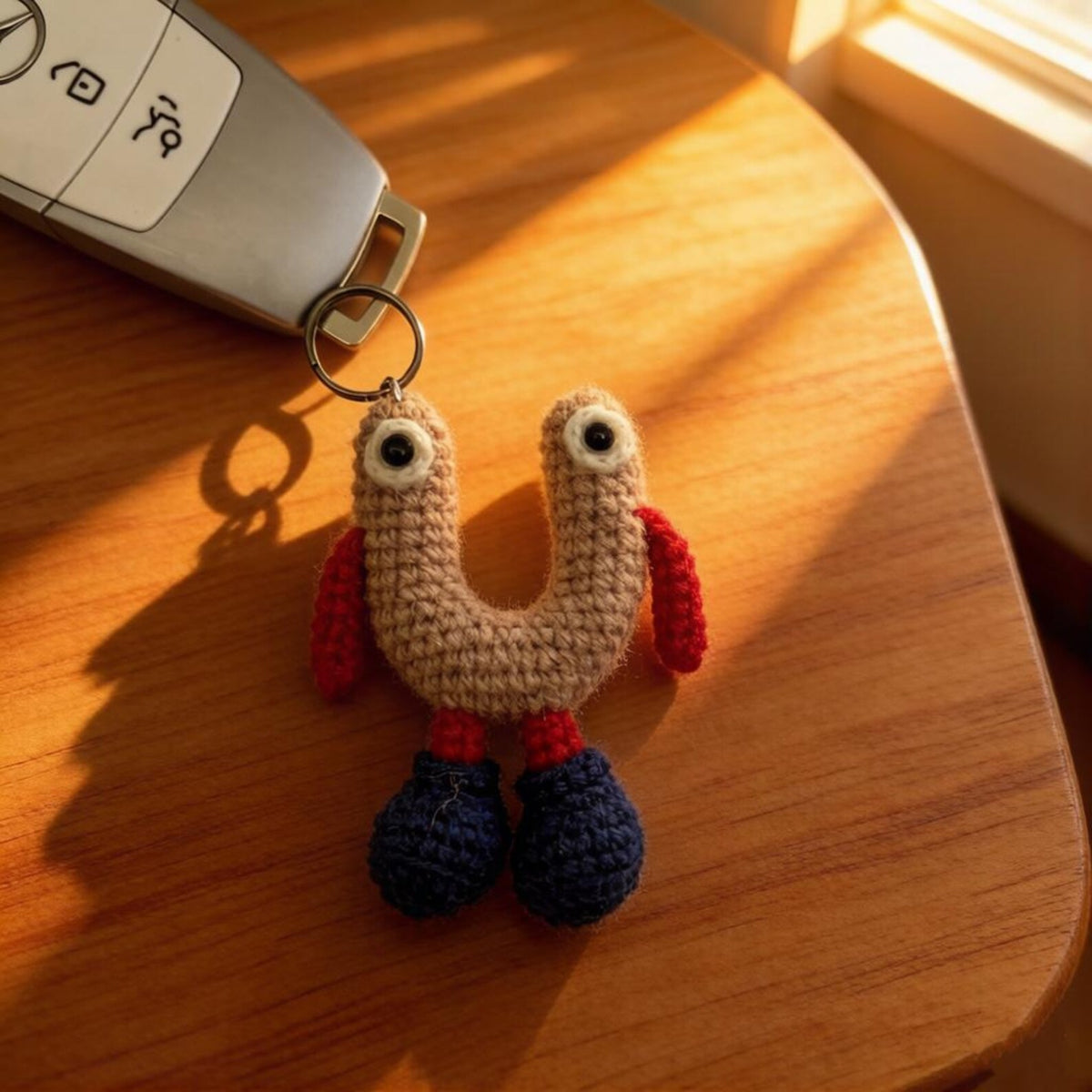 Artisan wool crochet capital U charm, keyring ornamental trim, sack adornment, paired monogram dangling trinket, Yuletide tote embellishment