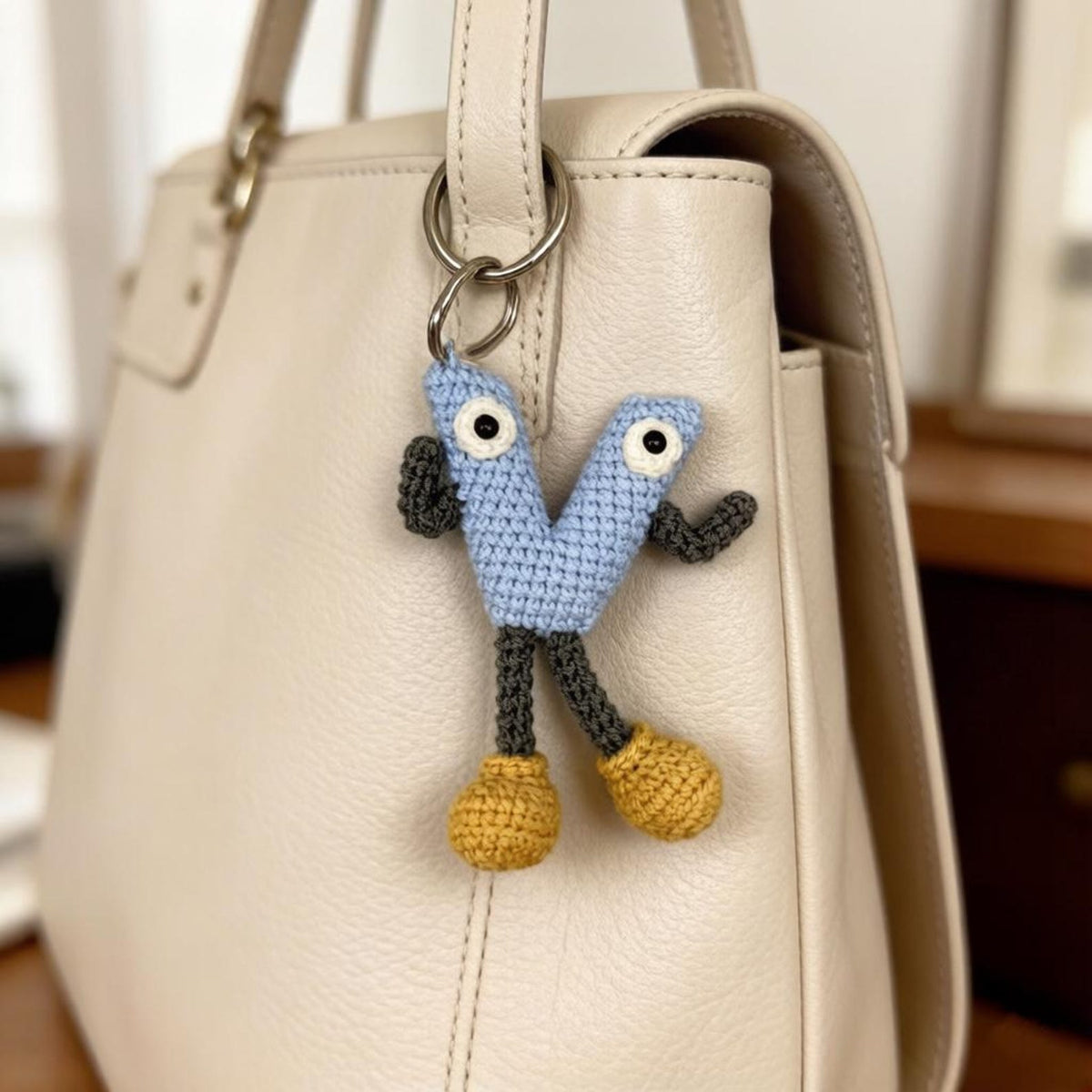 Artisan woven capital V charm, imaginative sack adornment, juvenile memento, couple monogram dangling trinket, Yuletide tote embellishment