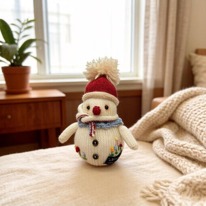 Hand Knit Snowman Sculpture Wool Thread Desktop Embellishment Wintry Seasonal Accent Collector Tokens Christmas Holiday Trinkets