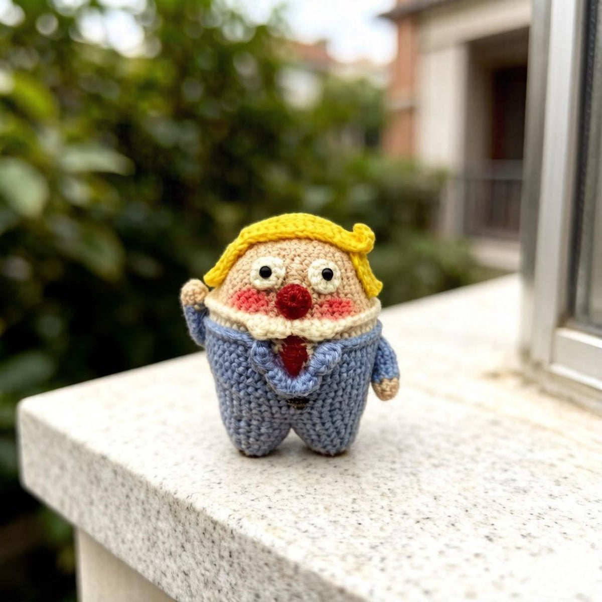 Artisan micro‑crochet Trump statuettes, hanging adornments, purse dangling trinkets, collector display sculptures, Yuletide household decor