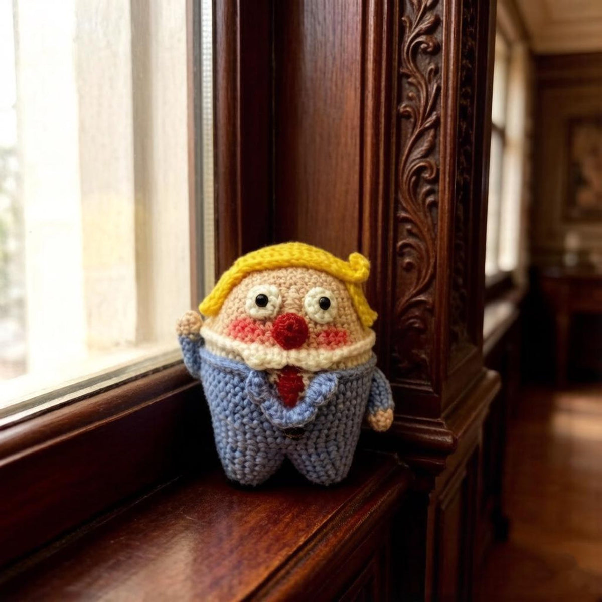 Artisan micro‑crochet Trump statuettes, hanging adornments, purse dangling trinkets, collector display sculptures, Yuletide household decor