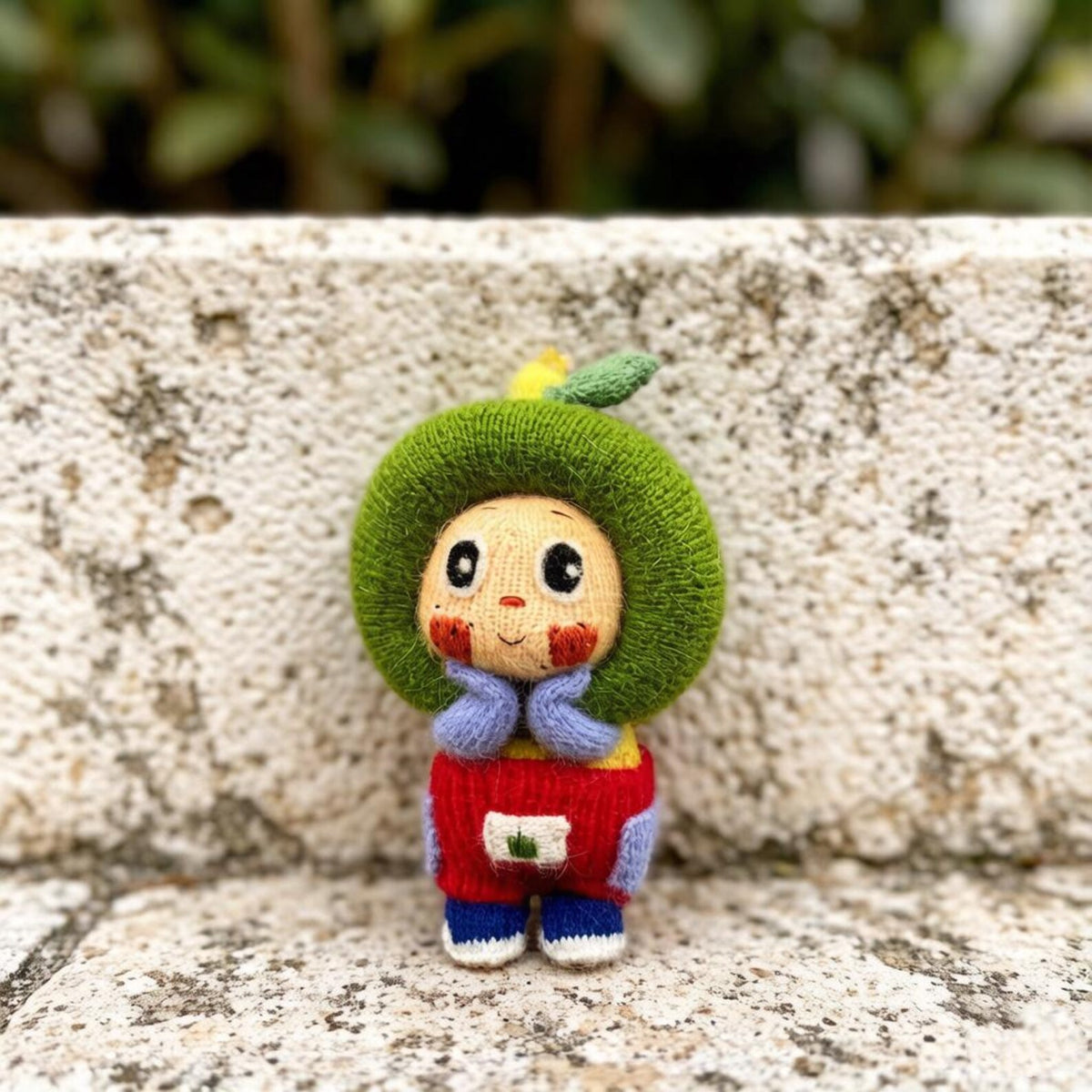 Artisan knit green apple figurine, nursery ornamental piece, birthday milestone memento, hobbyist showcase treasure, Yuletide home adornment