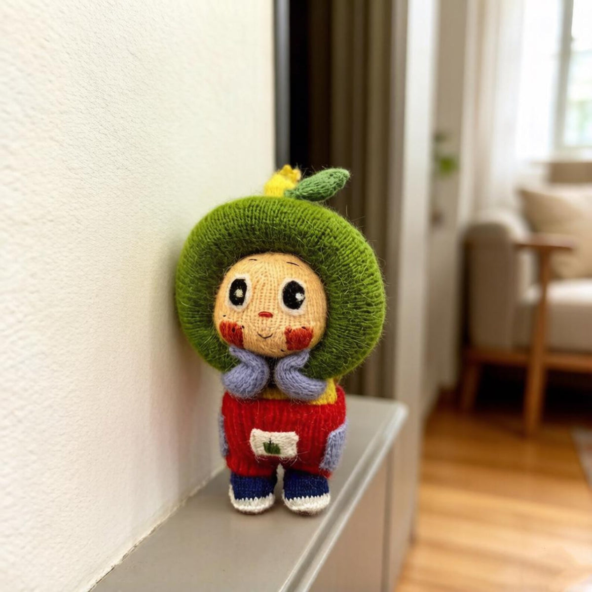 Artisan knit green apple figurine, nursery ornamental piece, birthday milestone memento, hobbyist showcase treasure, Yuletide home adornment