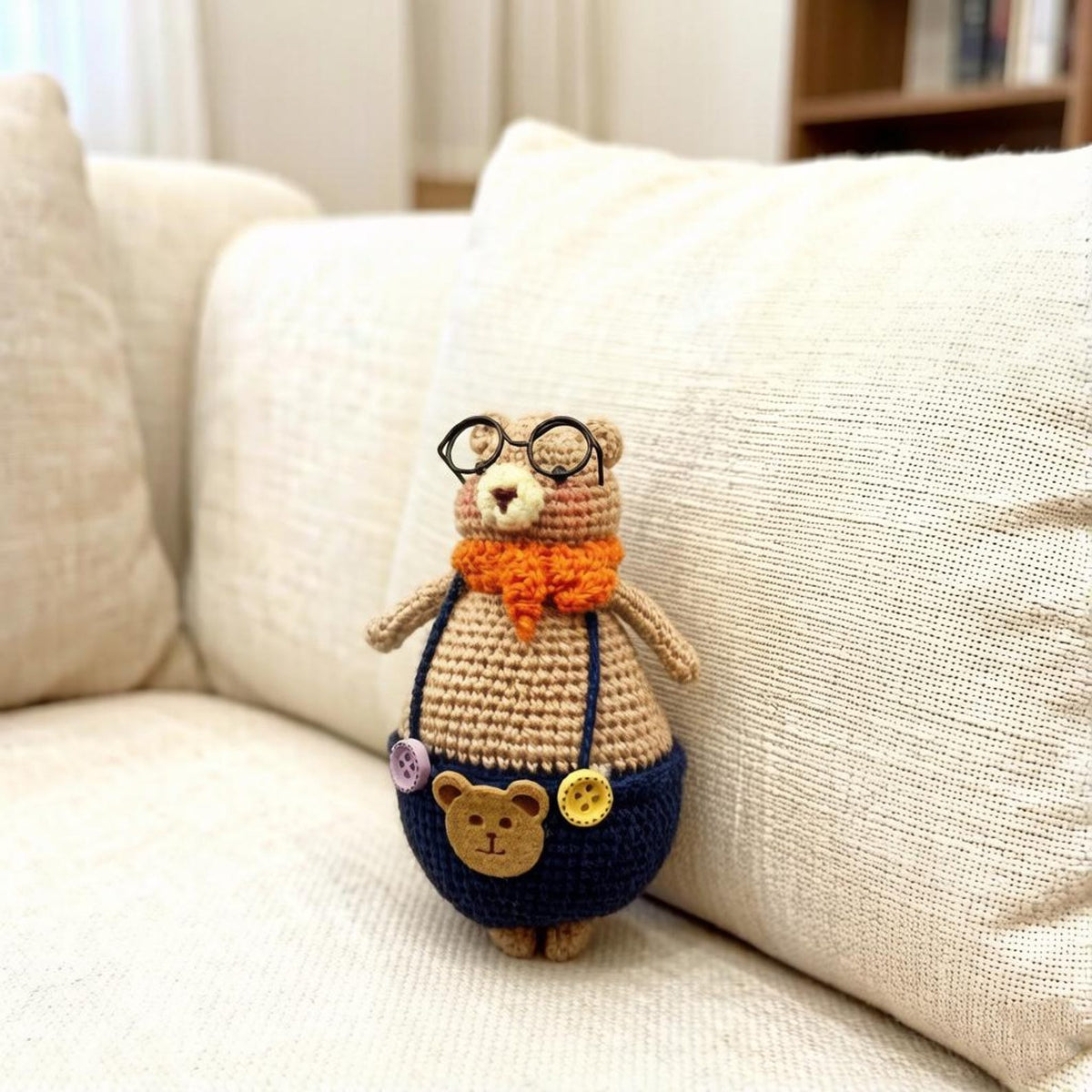 Artisan knit bear figurine, infant gathering adornment, imaginative tabletop accent, hobbyist display statuette, Yuletide nursery trim