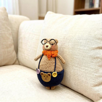 Artisan knit bear figurine, infant gathering adornment, imaginative tabletop accent, hobbyist display statuette, Yuletide nursery trim