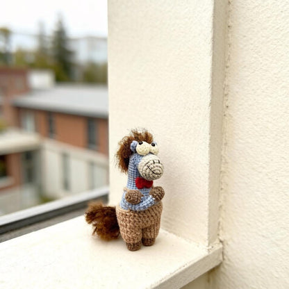 Artisan knit miniature equine sculpted pieces, gathering memorabilia, hobbyist display statues, juvenile mementos, Yuletide desk adornments