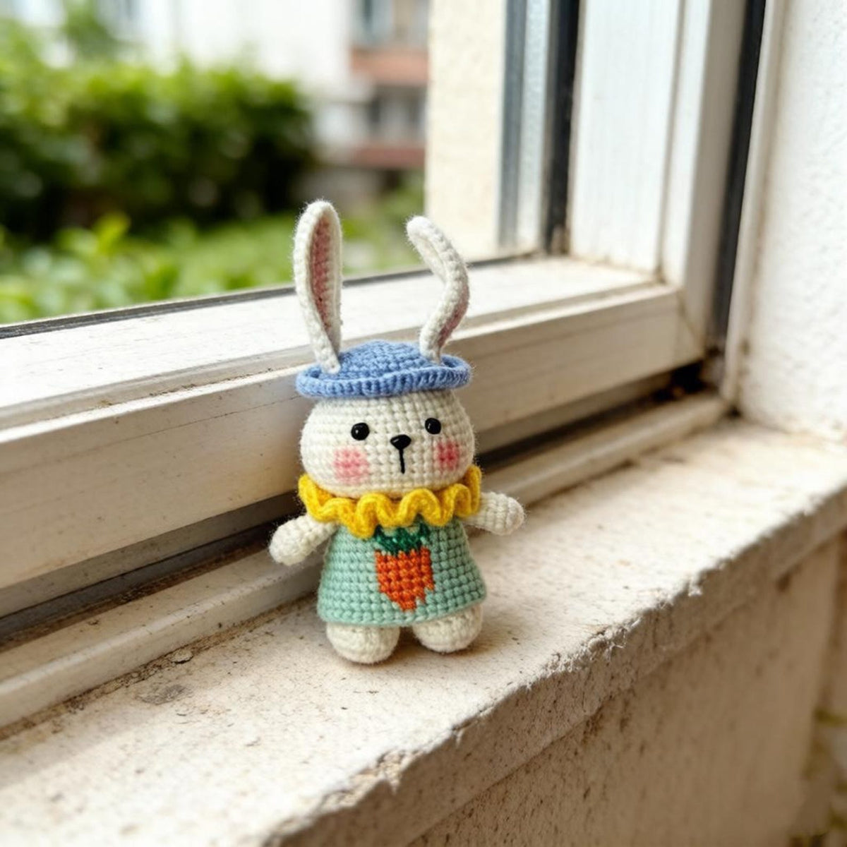Artisan knit hare sculpted pieces, handcrafted tabletop ornamental trinkets, hobbyist display statues, Yuletide room embellishments
