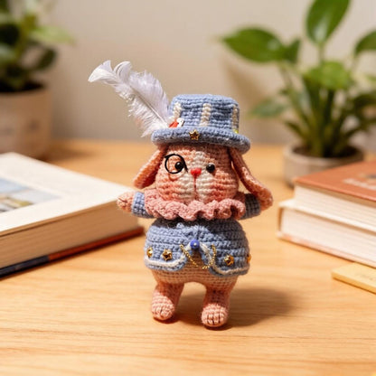 Artisan knit hare sculpted pieces, tabletop adornments, keychain hanging trinkets, imaginative juvenile souvenirs, Yuletide table accents