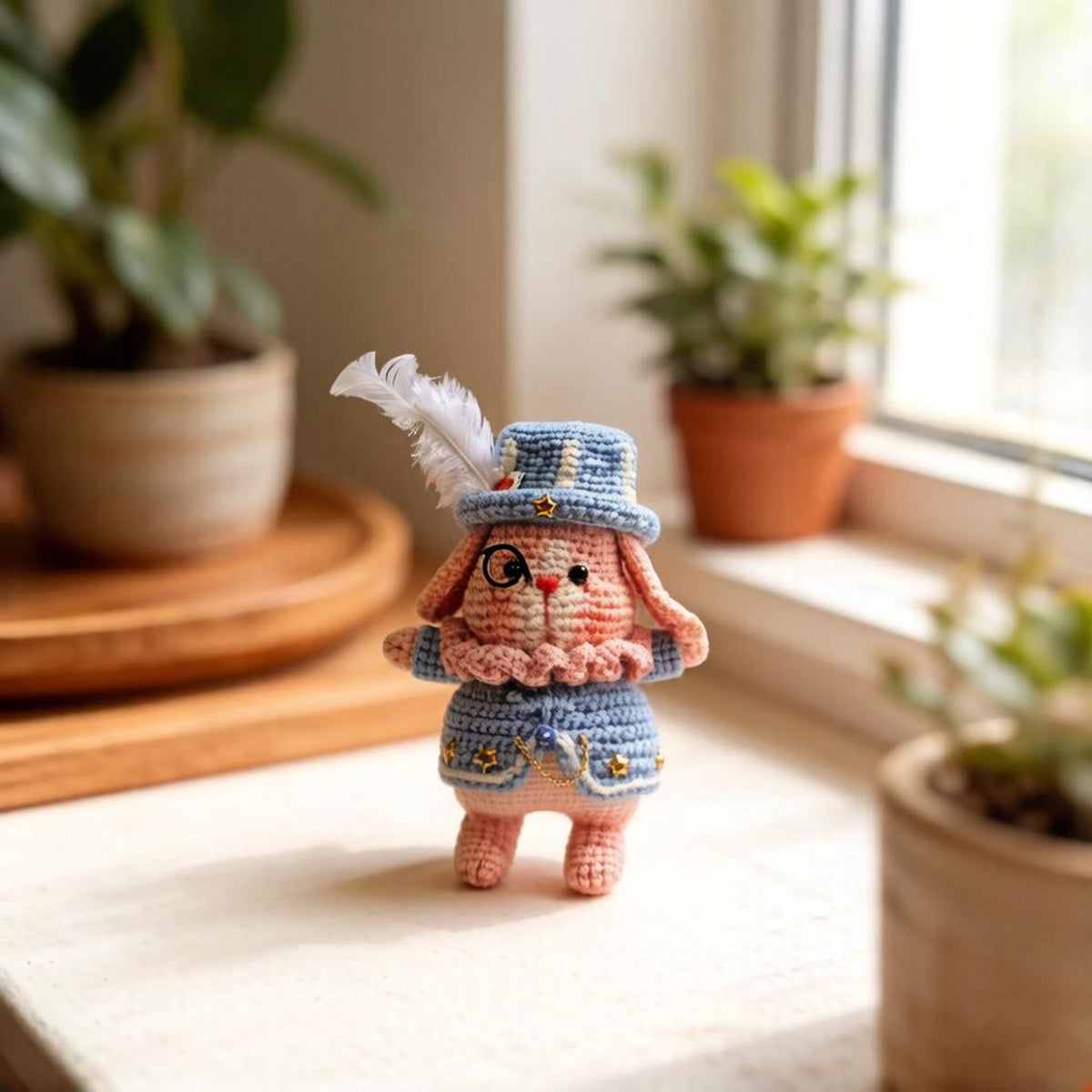 Artisan knit hare sculpted pieces, tabletop adornments, keychain hanging trinkets, imaginative juvenile souvenirs, Yuletide table accents