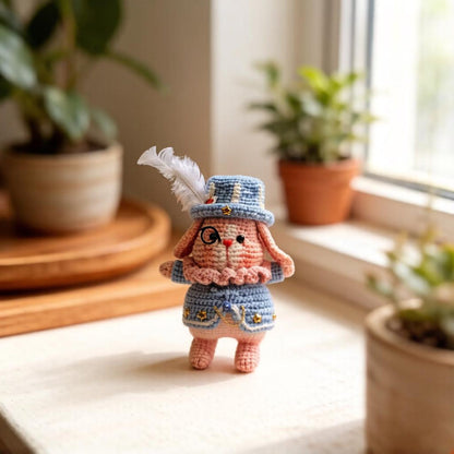 Artisan knit hare sculpted pieces, tabletop adornments, keychain hanging trinkets, imaginative juvenile souvenirs, Yuletide table accents