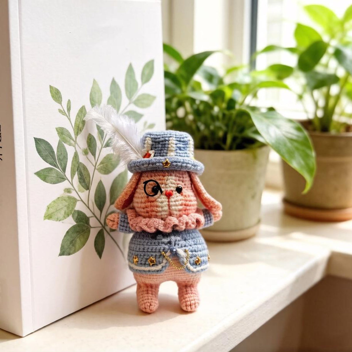 Artisan knit hare sculpted pieces, tabletop adornments, keychain hanging trinkets, imaginative juvenile souvenirs, Yuletide table accents