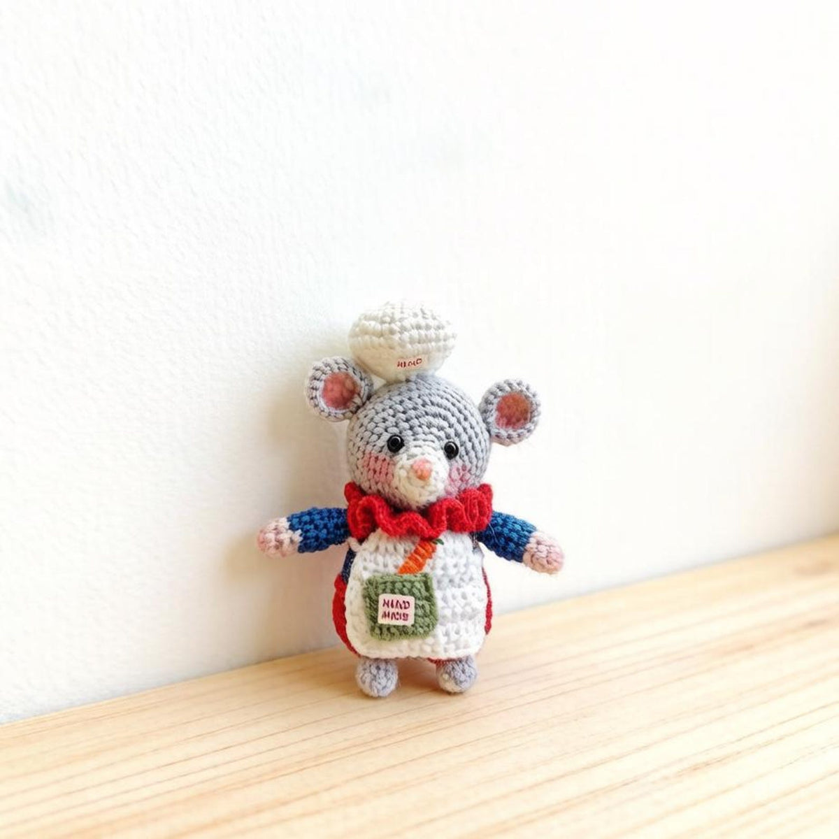 Artisan knit chef rodent sculpted pieces, rucksack hanging trinkets, hobbyist mementos, juvenile souvenirs, Yuletide household accents