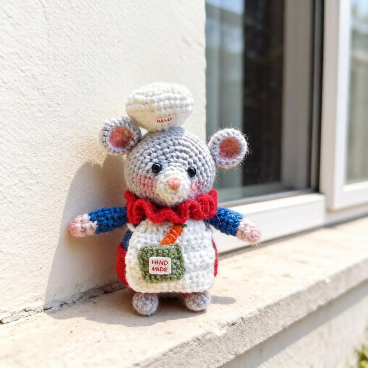 Artisan knit chef rodent sculpted pieces, rucksack hanging trinkets, hobbyist mementos, juvenile souvenirs, Yuletide household accents
