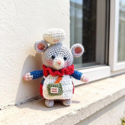 Artisan knit chef rodent sculpted pieces, rucksack hanging trinkets, hobbyist mementos, juvenile souvenirs, Yuletide household accents